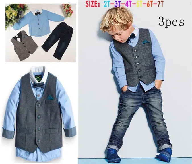Оптом, детский костюм из 3 предметов для маленьких мальчиков Одежда для джентльменов Праздничная рубашка джинсовый жилет