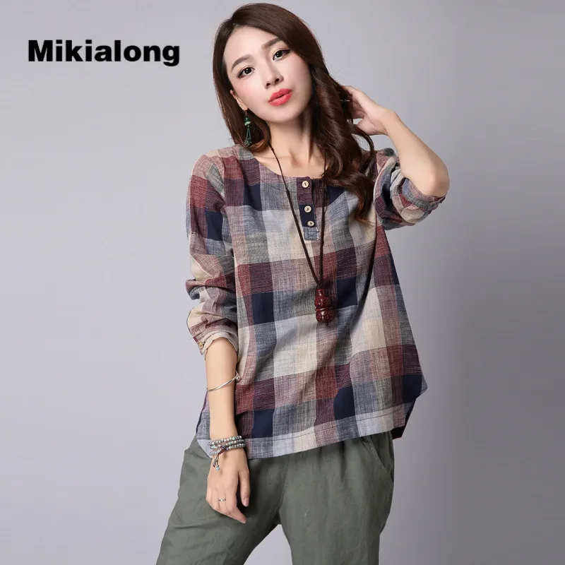 Mikialong Casual Loose Vintage Plaid Shirt Women Long