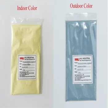 

double color photochromic pigment,solar active pigment,color:yellow to blue,item:HLPC-53,minimum order:1kg,shipping by Fedex...