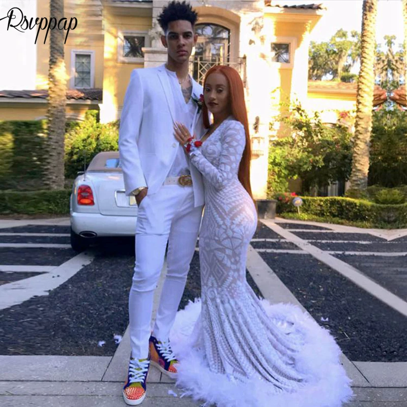 White beaded long sleeve prom dress