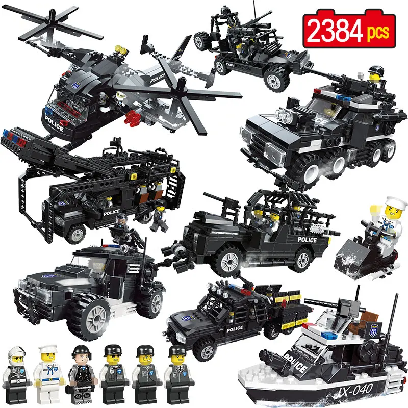 

8 in 1 Building Blocks City Police SWAT Flying Tigers Car Vehicle Helicopter Boat Bricks Sets Toys For Boys Kids 2384PCS