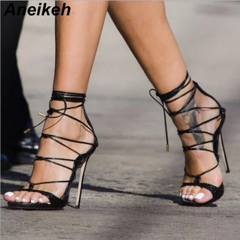 

Aneikeh 2019 Mature PU Solid Sandals Women Lace-Up Thin High Heel Cover Heel Round Toe Wedding Daily Party Black Red Size 35-40