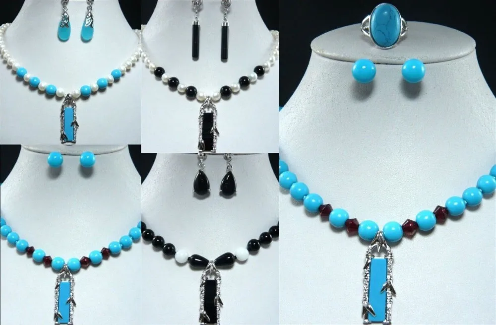 

FREE shipping>>>>>>5 color-nice white pearl & black agate/turquoise pendant necklace earring/ring set