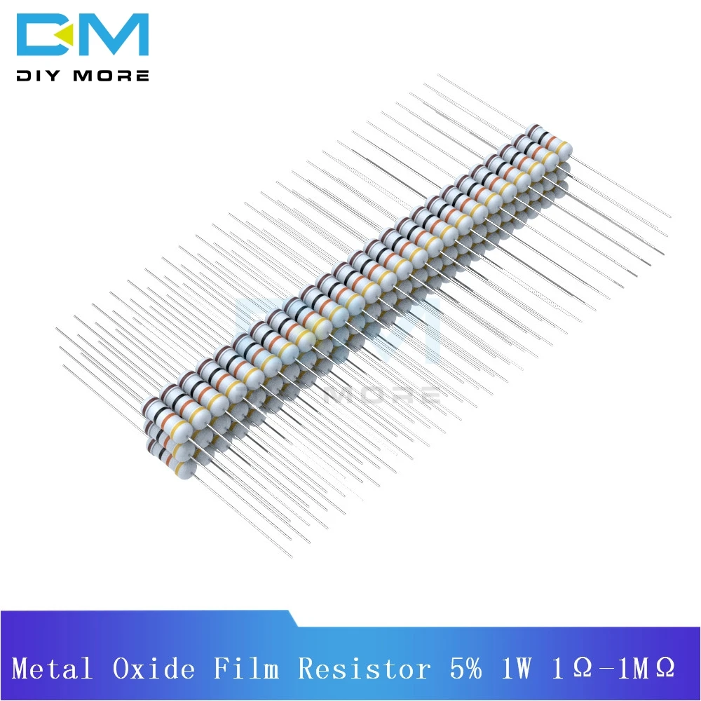 100 шт. Diymore металлический оксидный пленочный резистор 5% 1W 1R-1M Сопротивление ом+ 5%-5% Diy электронные 1K 2,2 K 4,7 K 5,1 K 6,8 K 10K 15K 22K