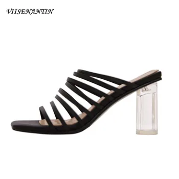 

VIISENANTIN 2019 New Fashion Outside Wearing Crystal Thick Heel Sandals Simple Style Narrow Band Squared Toe Sexy Slides Slipper
