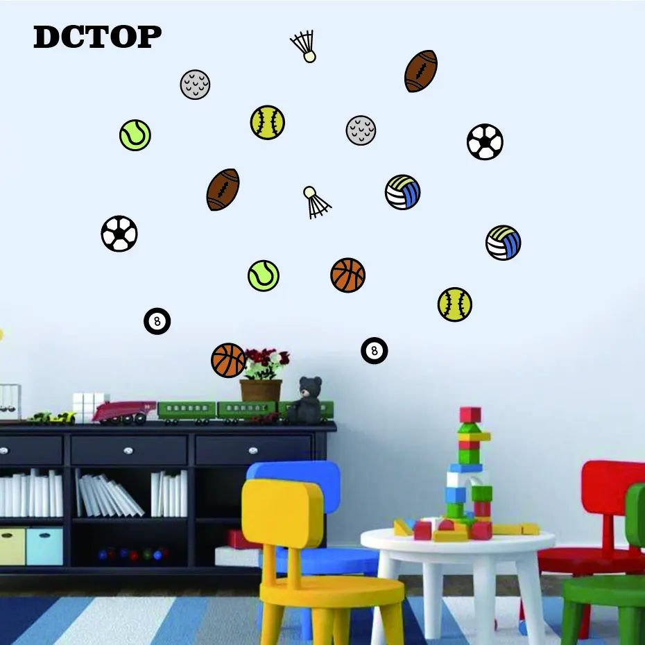 Creative Ball Sport Wall Stickers Cartoon Basketball Football Badminton DIY Vinyls Decals Home Decor for Kids Nursery Room Mural (3)