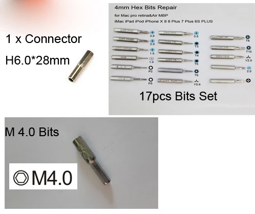 

H 6.0 Connector and Hex M 4.0 bits and 17pcs bits Set for iPhone Macbook