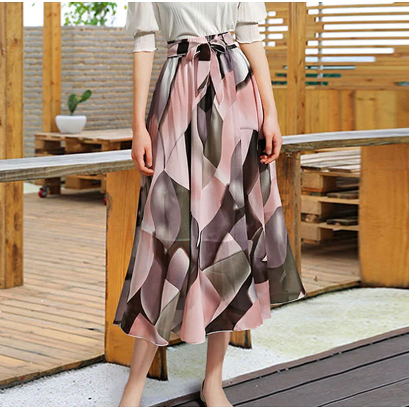 Plus Size Women Vintage Floral Print Ankle Length A Line Chiffon Skirt 3Xl 5Xl Bow Tie Casual Female Stylish Chic Skirts Mujer
