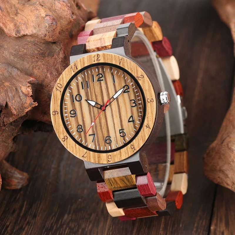 Retro Full Wood Watch Male Unique Mixed Color Wooden Band Quartz Watch Men Clock Man Top Luxury Fashion Men's Watch Reloj Hombre