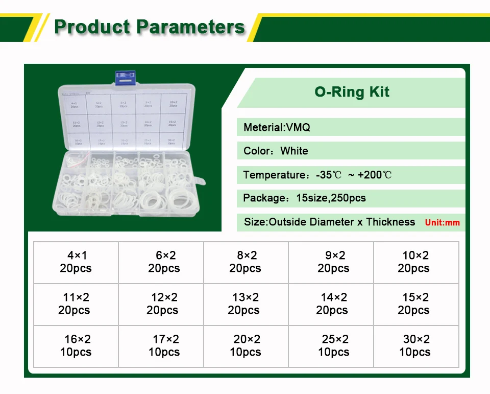 LUJX-R 2 мм 250 шт комплект уплотнительных колец OD 4-30 мм набор силиконовых прокладок белая шайба ремонт ассортимент уплотнительное кольцо набор Orings прокладка для коробки комплект