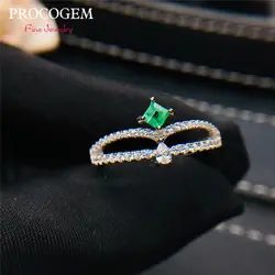 PROCOGEM Мода Корона натуральный изумрудные кольца для OL для женщин Подарки Подлинная зеленые камни с CZ Ювелирные украшения 925 пробы серебро #529