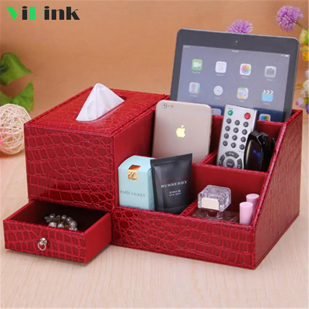 

PU Leather Tissue Box Cover Napkin Holder Makeup Jewelry Organizer Multifunction Desktop Phone Tablet Sundries Storage Box
