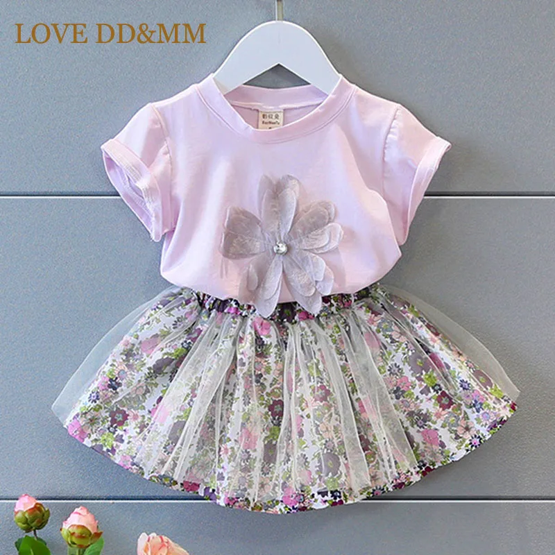 LOVE DD& MM/комплекты одежды для девочек г. Новая летняя одежда для девочек Футболка с дикими цветами+ трикотажная юбка с цветочным рисунком, костюм детская одежда - Цвет: Розовый