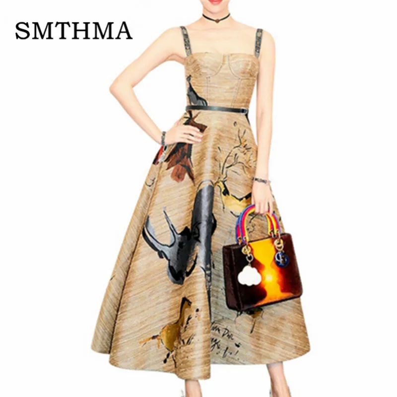 

SMTHMA HIGH QUALITY New Fashion 2019 Designer Runway Dress Women's Sexy Spaghetti Strap Graffiti Big Swing Long Party Dresses