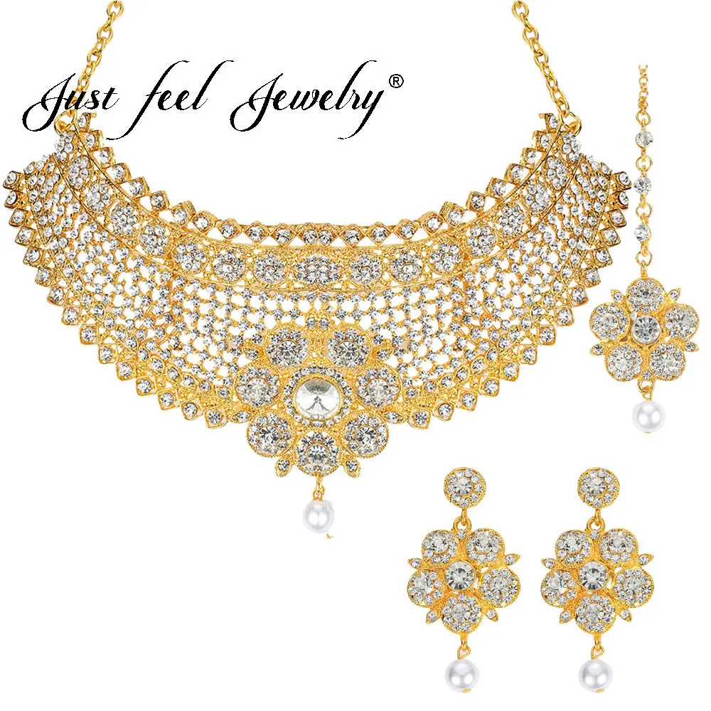 

JUST FEEL African Imitation Pearls Jewelry Sets Gold Color Crystal Fashion Flower Necklace Earrings Headdress Wedding For Women