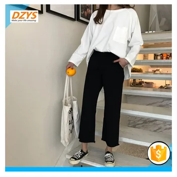 

DZYS-ZF Spring Women's loose wide leg raw nine points denim straight pants trousers