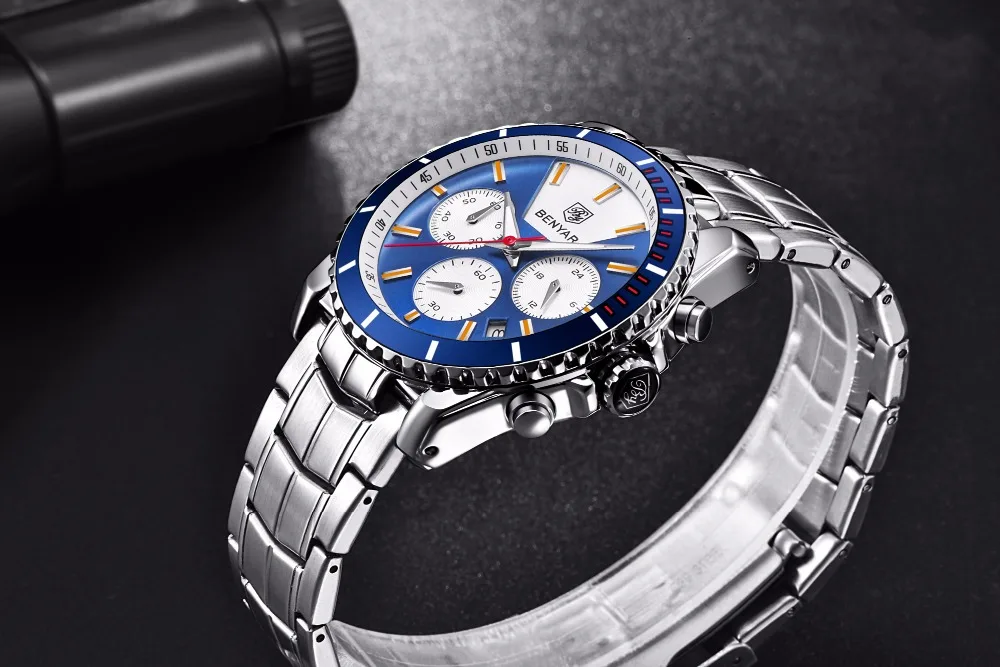 Benyar мужские часы лучший бренд класса люкс Спортивный Хронограф Кварцевые часы для мужчин полный сталь часы