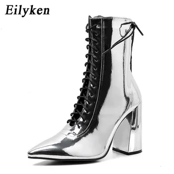 

Eilyken Fashion Silver Patent Leather Women Ankle Boots Pointed Toe High Heel Boots Sexy Cross-tied Women Pumps Chelsea Boots
