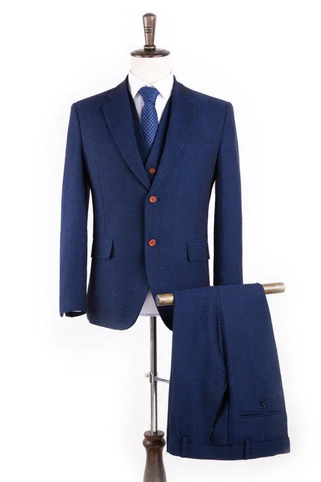 Голубой шерсти Елочка Ретро джентльмен стиль сшитое мужские костюмы портной костюм Пиджак костюмы для мужчин 3 шт. (куртка + Брюки + Жилет)