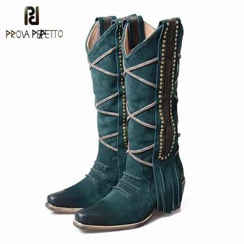 

Prova Perfetto Retro Style Fringes Women Knee High Boots Chunky High Heel Rivet Studded Decoration Slip On Knight Boots Shoes