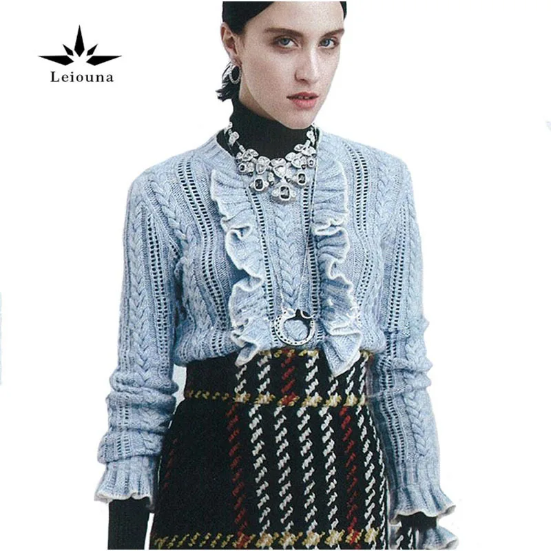 Leiouna Magyar Court Wind Vintage Runway Flare Sleeve Dames warm Green Best Ruffles Wool Pullover Sweater Good Quailty | Женская одежда