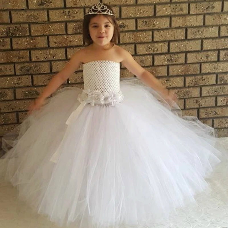 Платье принцессы с цветочным узором для девочек; платье для свадебной вечеринки с цветочным поясом; белое платье для крещения для маленьких девочек вечерние платья-пачки для девочек