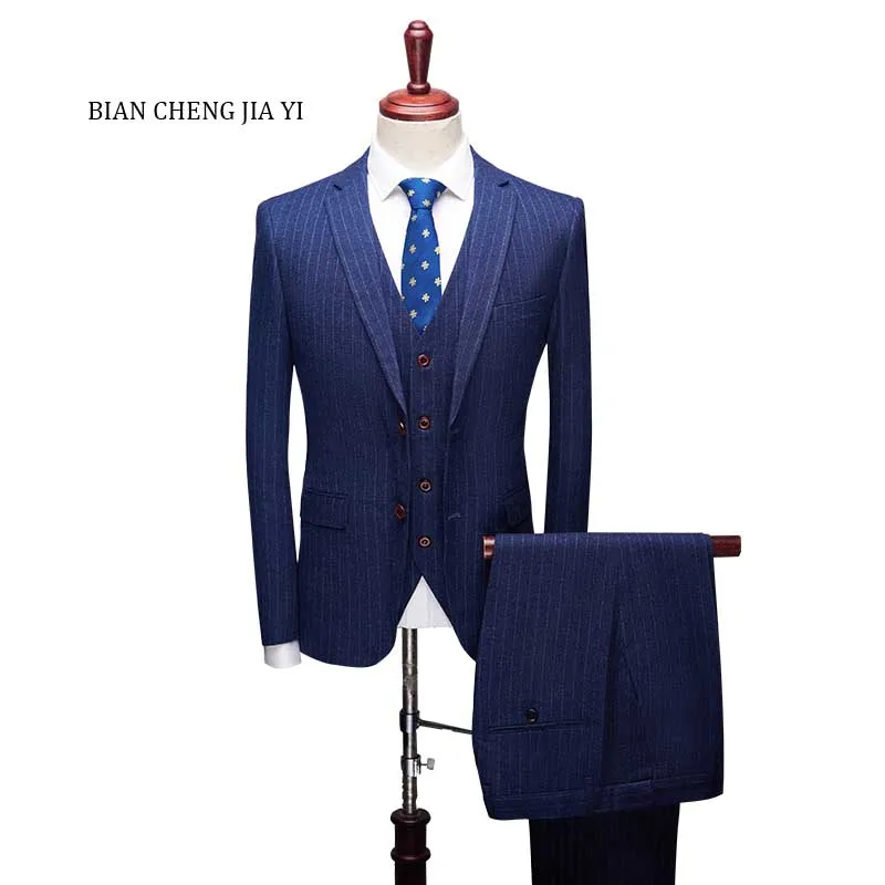 

Navy Striped High quality Mens Wedding suits Formal Notched lapel Suits 3 Pieces Wedding Groom Tuxedos Prom Slim Fit suits