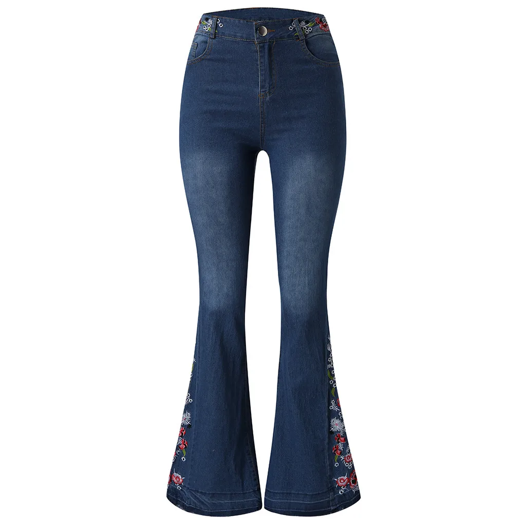 Women's embroidered flare jeans Denim Trousers Vintage Women Clothes Newst Fall High Waist Pants Stretchy Jeans 7.16