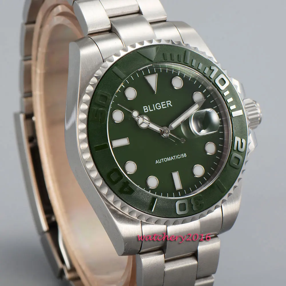 

43mm Bliger Green dial ceramic bezel date window 2019 Newest Hot Sapphire Glass luminous marks Automatic Mechanical Men's Watch