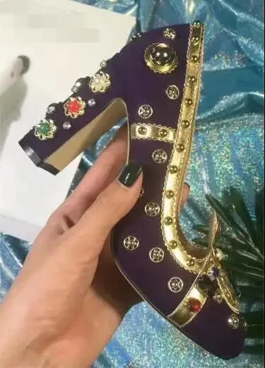 Diamants Mariage Perles De Chunky Couronne Pourpre Grande Photo Femmes Real Chaussures Cuir Hauts Luxe Épais À Talon En 42 Talons Taille 6qwBZATx