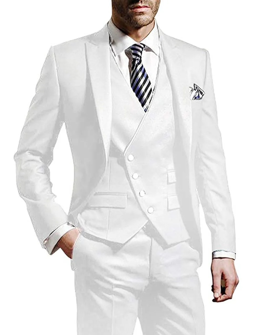 

3 pieces Men suits Notched Lable White groomsuit blazer one button formal business suits Tuxedo (( Blazer+vest+Pant)