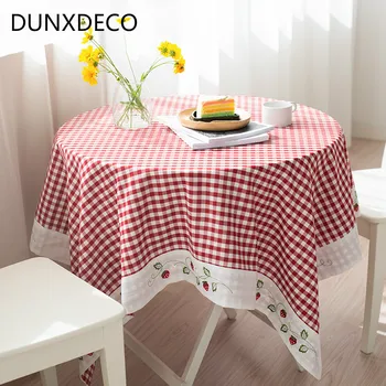 

DUNXDECO Tablecloth Cotton Table Cover Party Decorative Fabric Country Style Red Check Strawberry Embroidery Romantic Home Decor