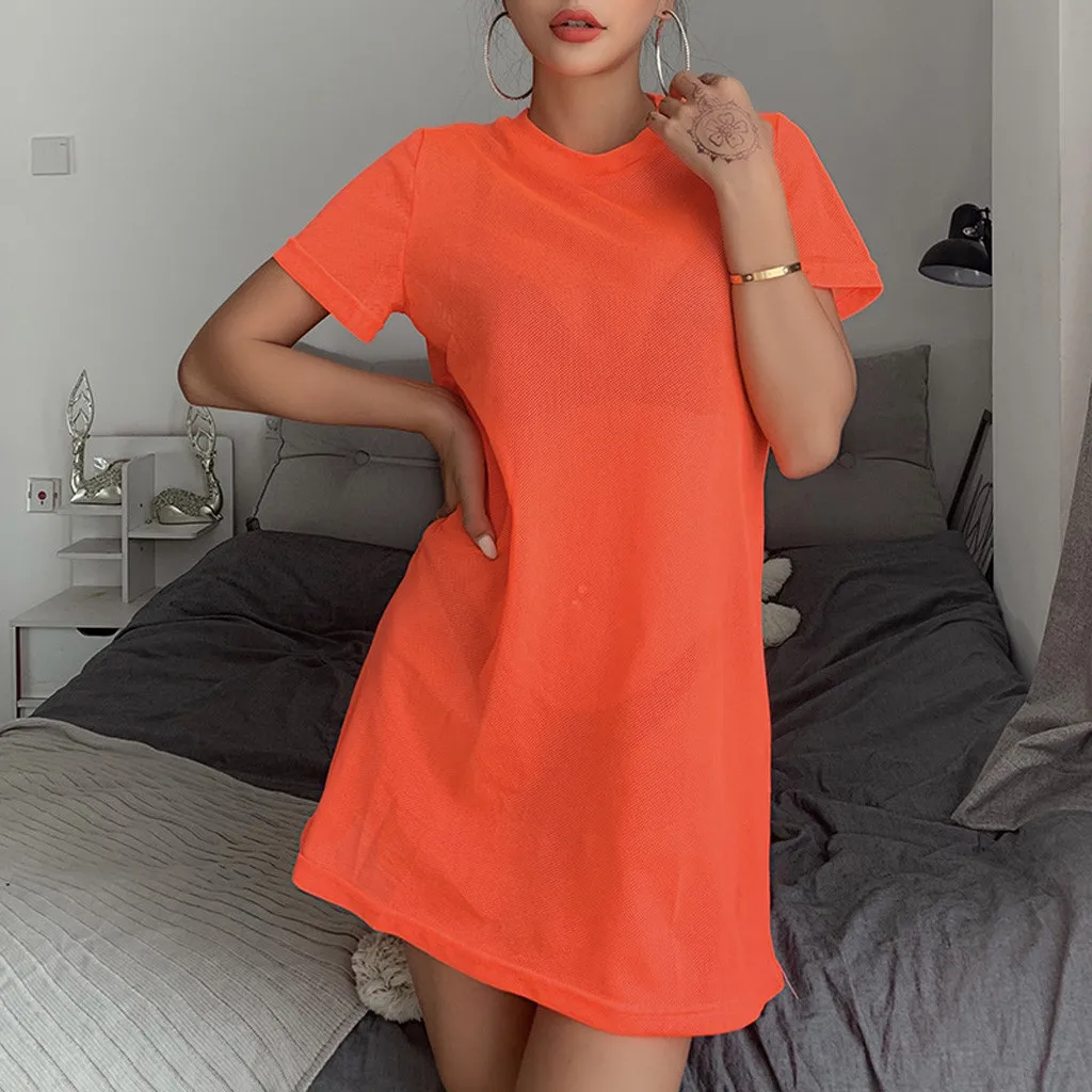 

Dress Women Summer 2019 Casual Loose Solid Orange Round Neck Short Sleeve Perspective Mini Vestido Cool Wrinkle Resistance OY41*