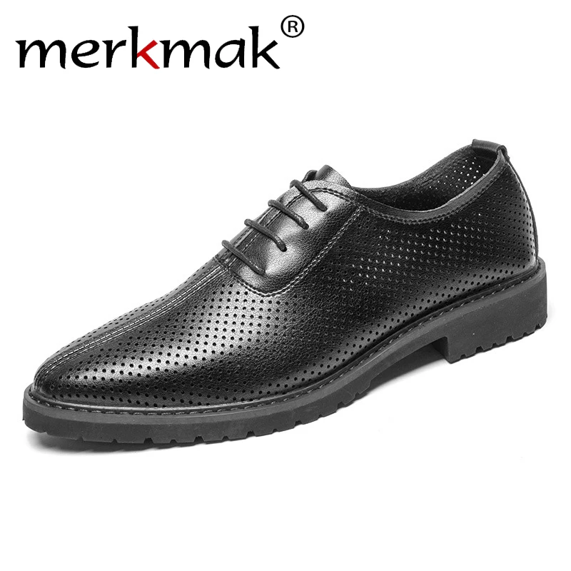Merkmak New Men Casual Shoes Leather Summer Breathable Holes Luxury