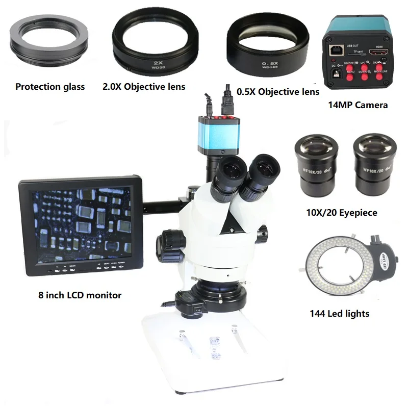 Best 3.5x 90X Trinocular stereo microscope 14MP HDMI USB Industrial digital Camera microscopio 8 inch LCD Monitor for phone repair
