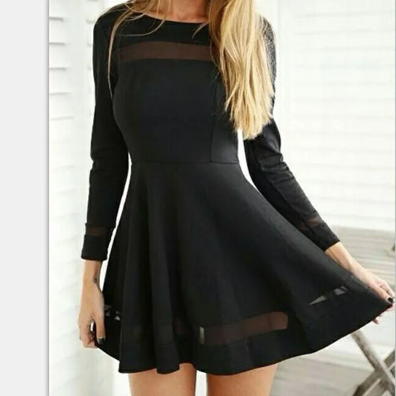 

Fashion Sexy Women Long Sleeve Mesh Patchwork Bodycon High Waist Dress Black Solid Cotton Pleated Short Mini Dress Hot Seller