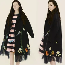 New Coat 2016 Winter Women’s Silhouette Embroidery Mesh Patchwork Lapel Woolen Wild Type Coat Long Jackets Parka Coats Outerwear