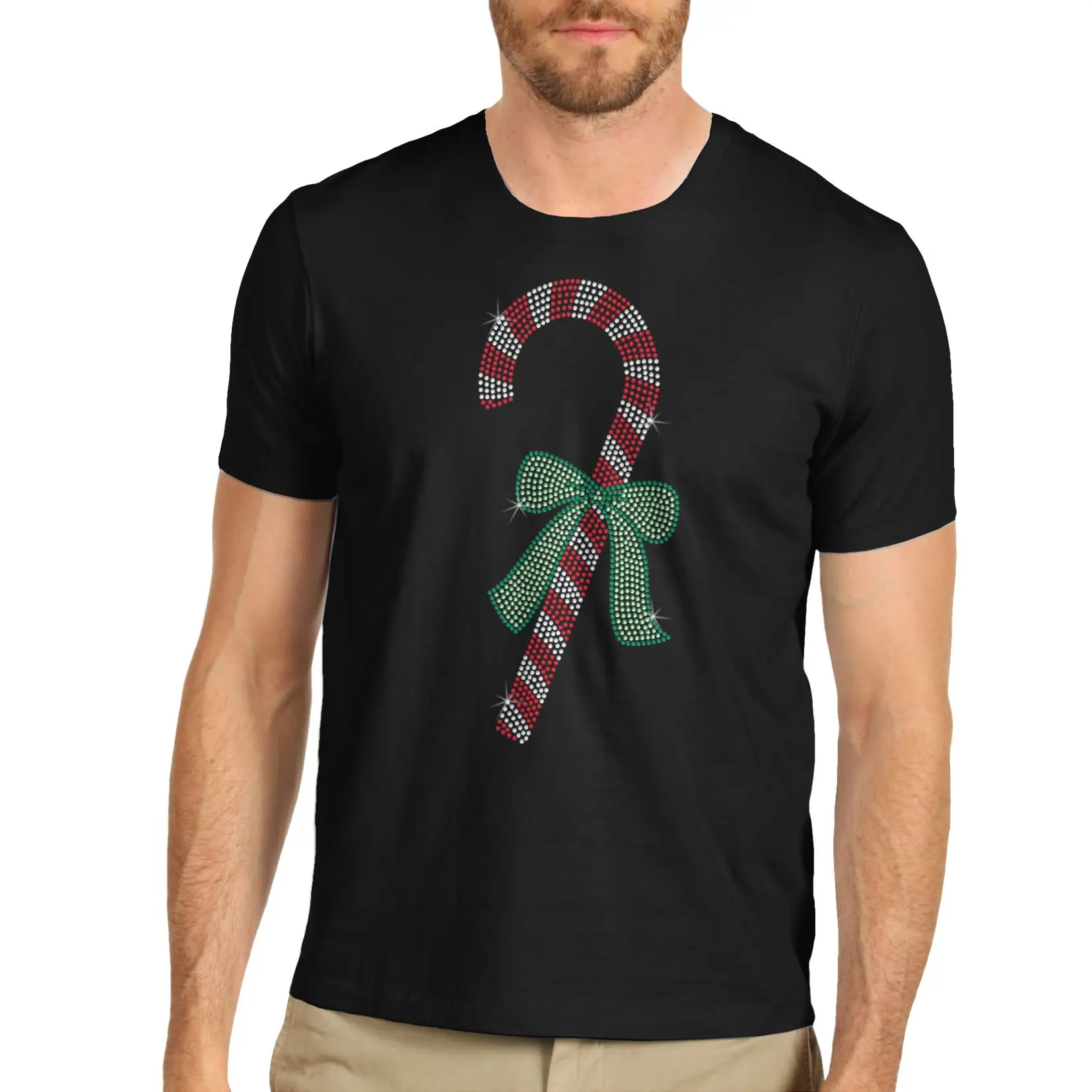 Men's Cotton Rhinestone Winter Christmas Theme Candy Stick T-Shirt Casual Male Short Sleeve Pattern New 2018 Fashion | Мужская