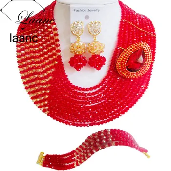 

Laanc Red and Gold AB Crystal Nigerian Beads Jewelry Set African Wedding Bride Bridesmaid Necklace and Earrings C10JK063