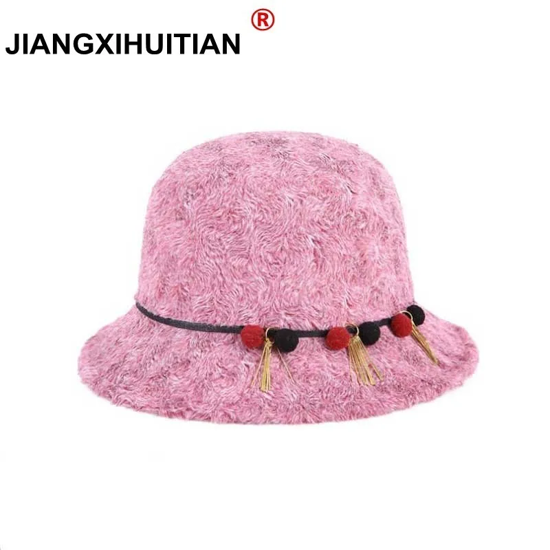 

2017 NEW Women Dome Fedora Blend Wool Hat Mom Hats for Autumn and Winter Fur Ball Decoration Vintage Bowler Fedoras Caps