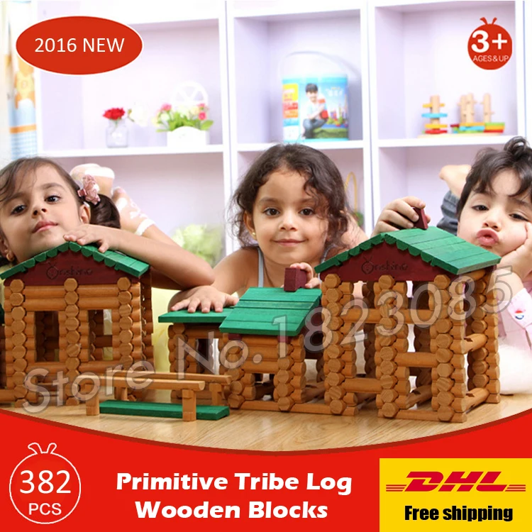 

382pcs Primitive Tribe Log Set Big Size Forest Lodge Creative Assemble Wooden Construction House Set Model Building Blocks Toys