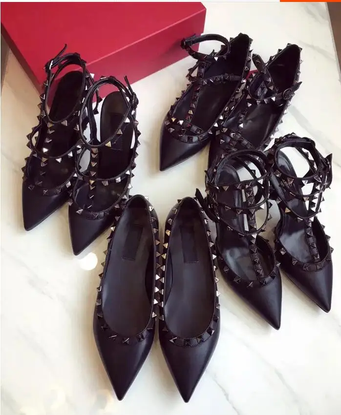 

Customized Full Black Riveted Flat-heeled Single Shoes Women Genuine Leather Spiked Flat-soled Shoes High Heel Women's Shoes