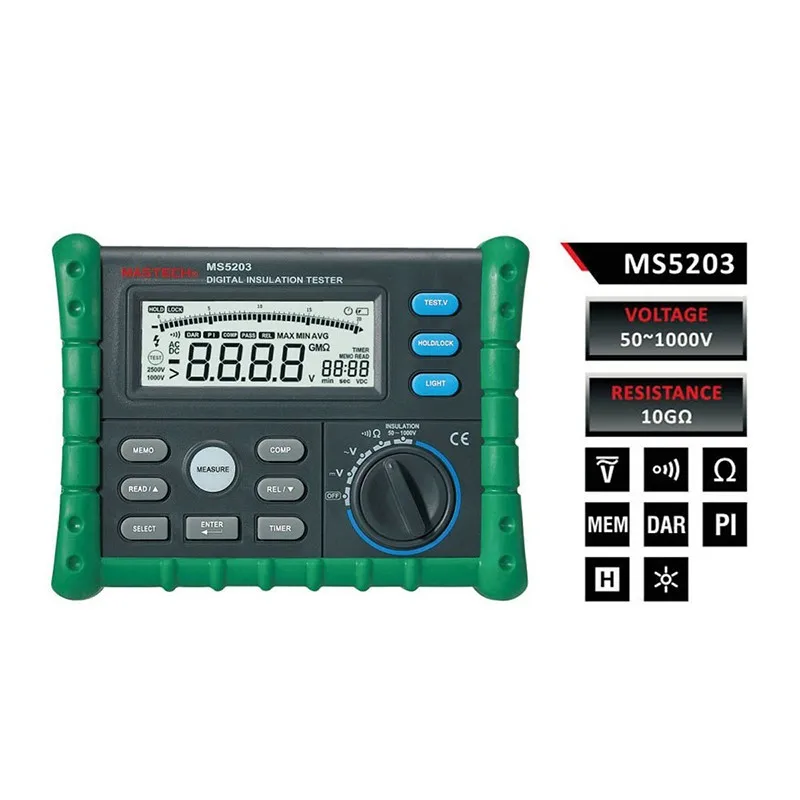 MASTECH MS5203 Цифровой Тестер Сопротивления Изоляции Мультиметр Мегаомметр 0,01 МОМ до 10,00 HV метр 50 в-1000 В выход