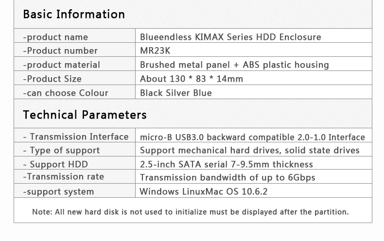 Blueendless BS-MR23K 2.5 "USB 3.0 SATA HDD Box HDD жесткий диск Внешний HDD корпус черный чехол Алюминий + пластик