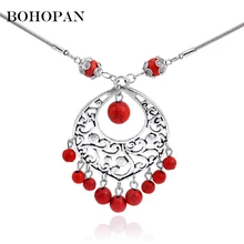 Ethnic Tassel Necklace Women Vintage Hollow Out Pendant Silver Adjustable Chain Red Blue Beads Design Long Statement Necklace graceful hollow out beads necklace for women