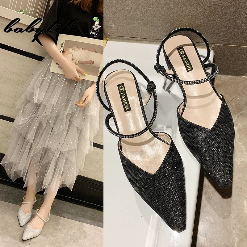 

Flat Sandals Square Heel Low Schoenen Fabric Summer Shoes Sequined Cloth Rome Belt Fastener Korean Style Casual Fashion Bling