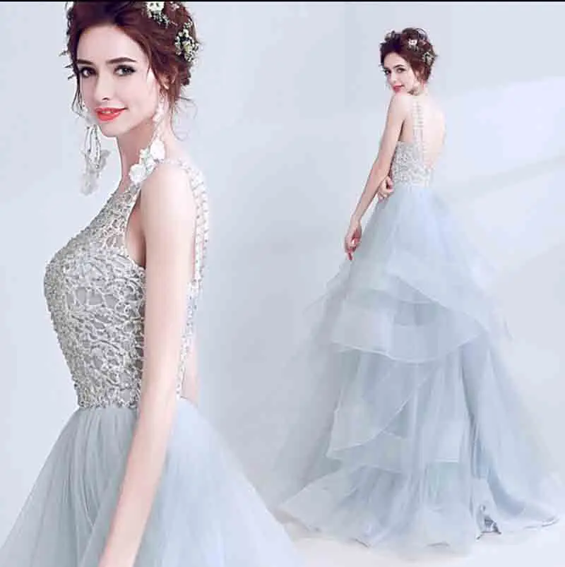 

Heavy Handmade Crystal Sequin Organza Gray Multi-layered Formal Dress Large Size 5XL Evening Party Dress Red Carpet Ball Gown