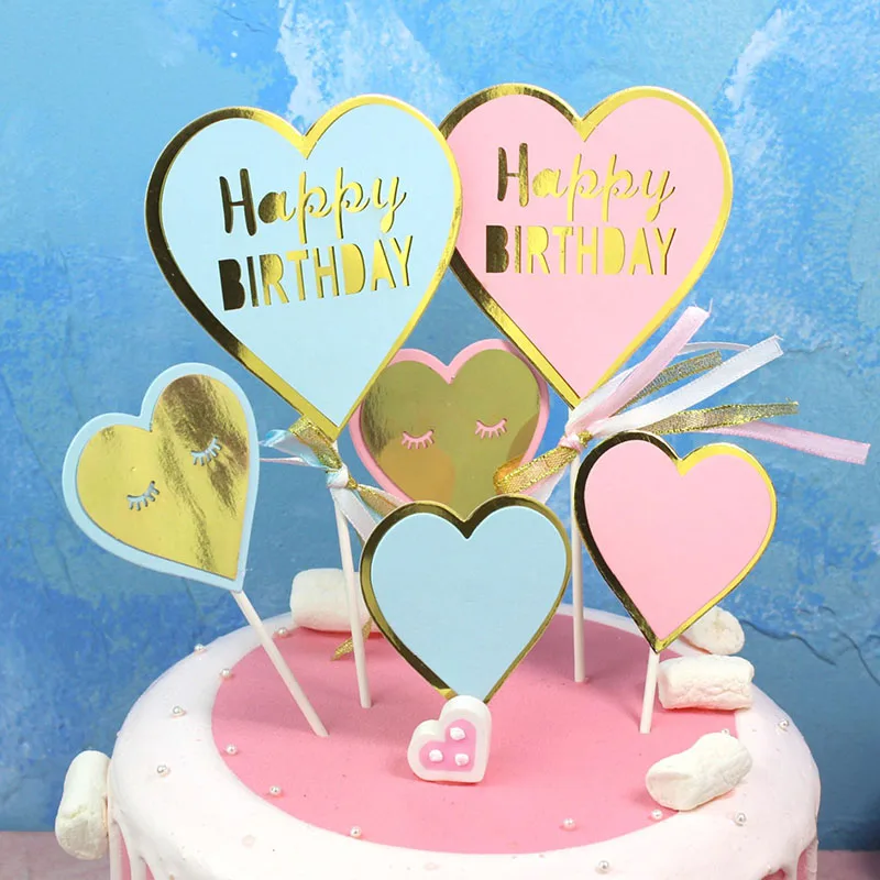 

3Pcs Shining Happy Birthday Cake Topper for Love Heart Stars Cake Flag for Family Birthday Party Baking Decoration Supplies
