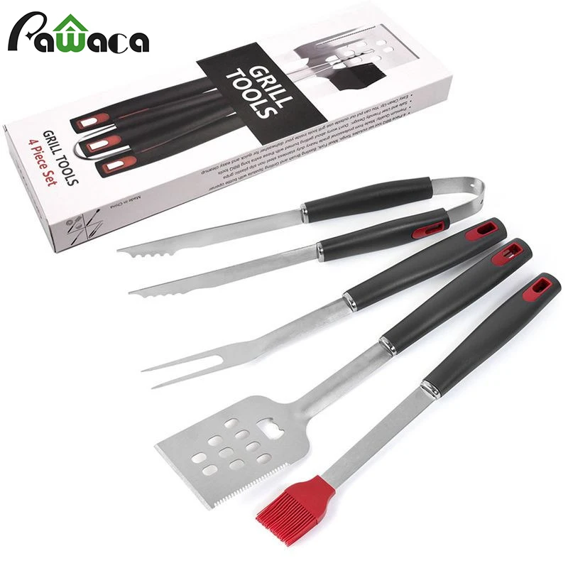 

4 Pcs/set Stainless Steel Barbecue Grill Tool Set Tong Brush Fork Spatula BBQ Tool for Kitchen Picnic Outdoor BBQ Accessories