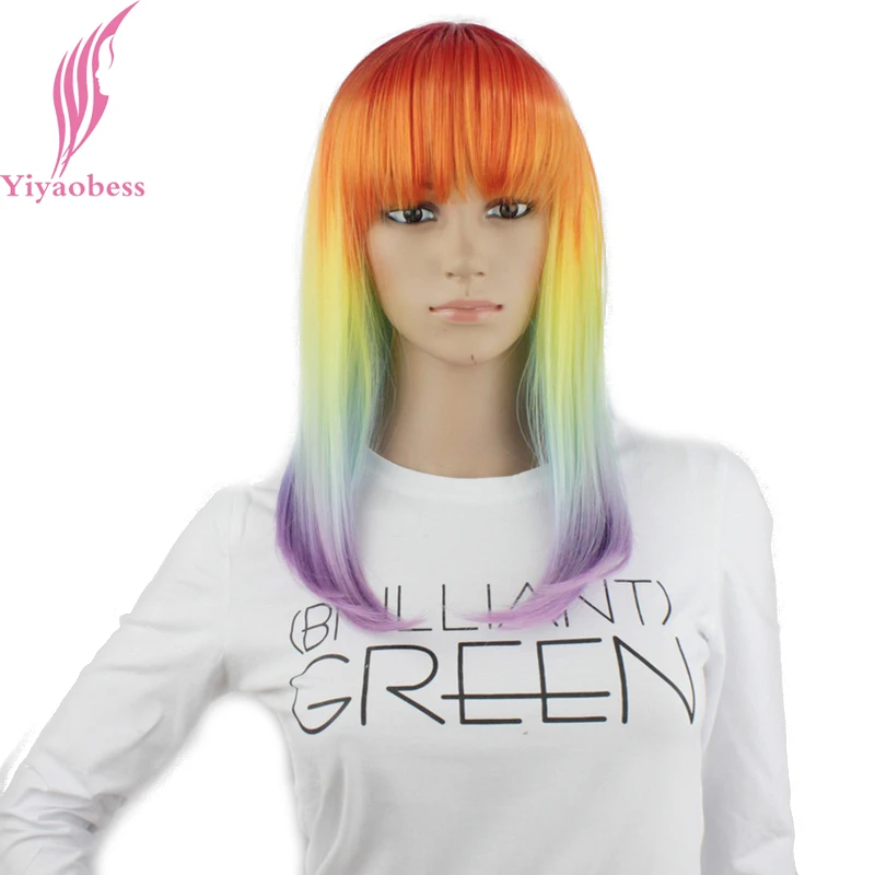 

Yiyaobess My Little Pony Medium Long Straight Colored Wigs For Women Synthetic Hair Ombre Cosplay Rainbow Wig With Bangs 40cm